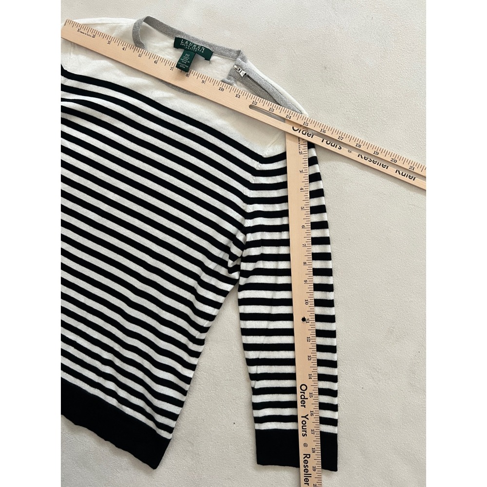Lauren Ralph Lauren Petite Striped Sweater White Black Gray Zip Shoulder Cotton - Picture 4 of 13